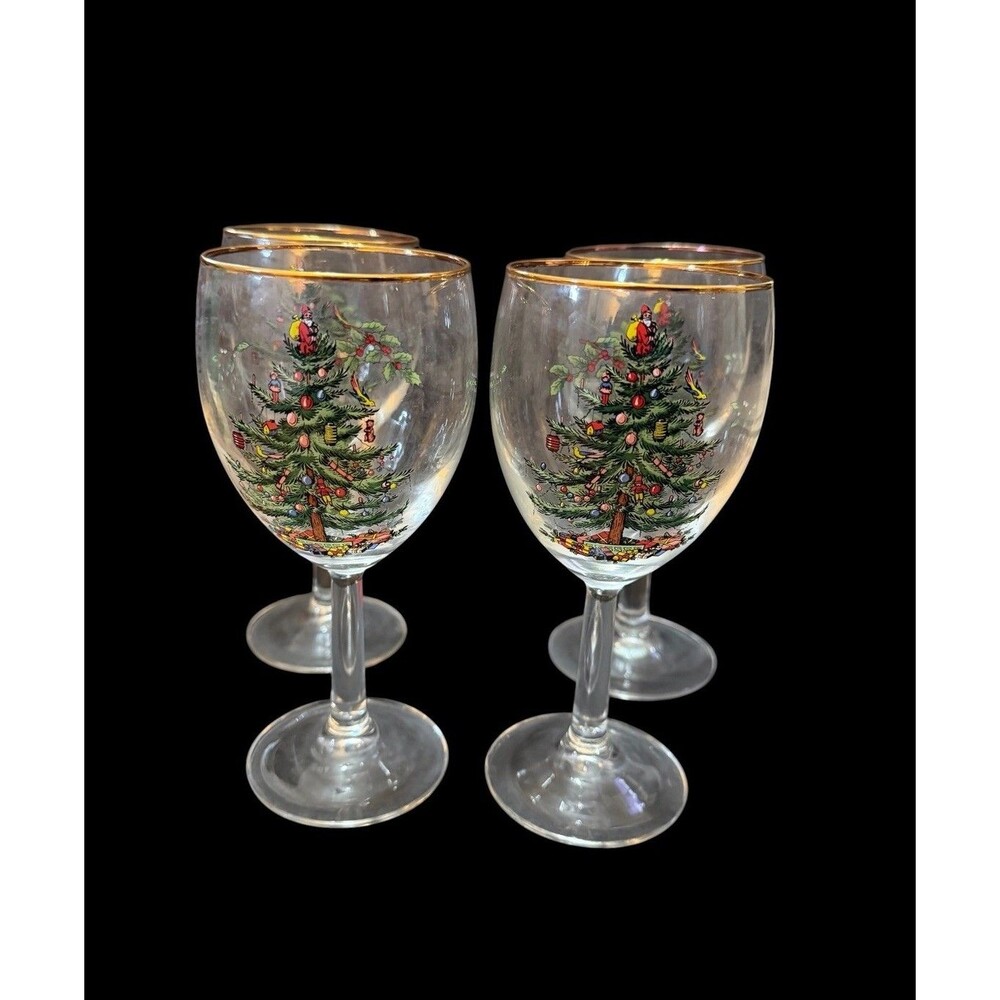 Vtg Spode Christmas Tree Set of 4 Gold Rimmed Stemmed Wine Glasses